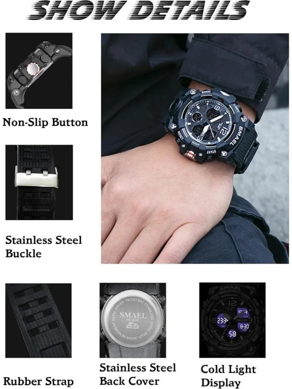 Mens All Black Analog Quartz S-Shock Waterproof Outdoor Sports LED Digital Watch